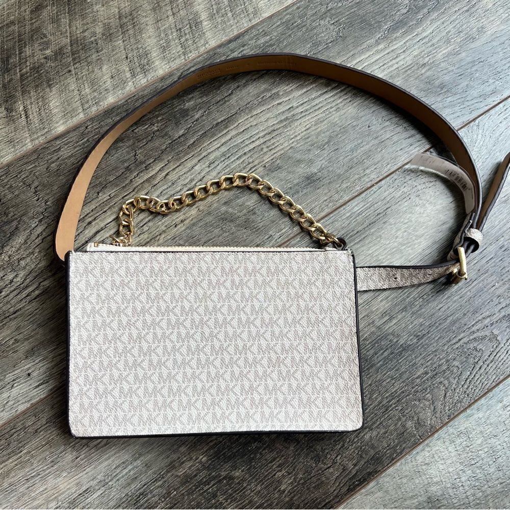 Michael Kors Mini Belt Bag Wristlet Purse Medium Cream Grey Tan Vegan Leather
